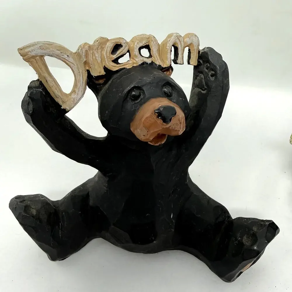 Slifka Black Bear Dream Believe Figurines Set Carved Wood Look Cottage Decor